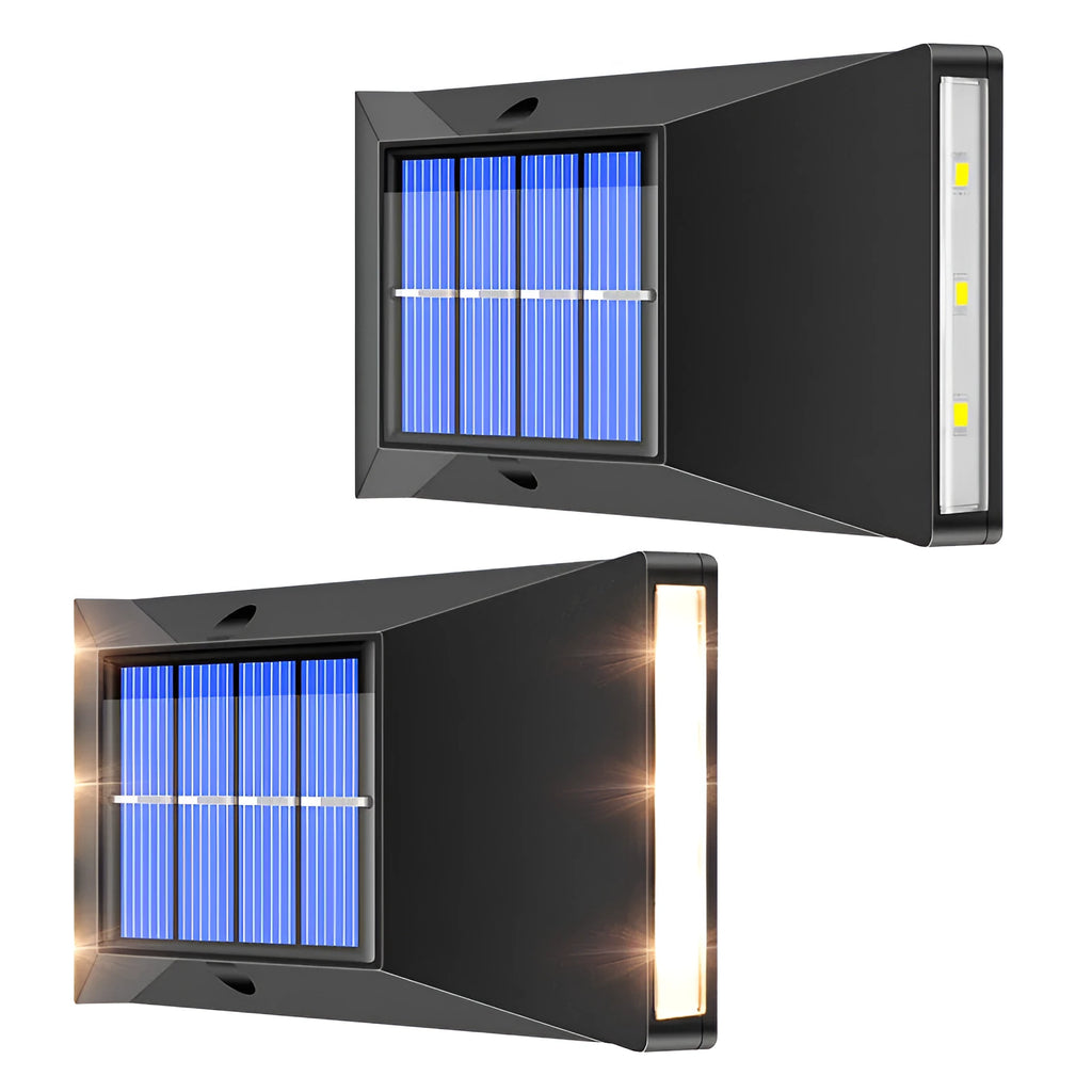Solar-powered outdoor wall light with six LEDs measuring 130mm by 73mm