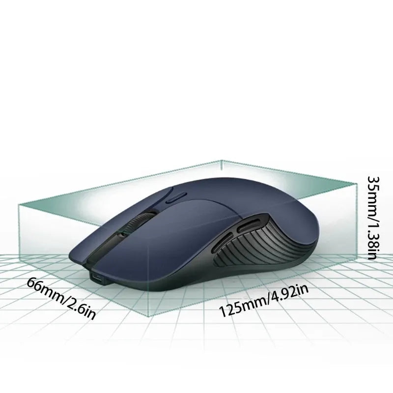 Blue wireless voice translation mouse with 15-metre range and rechargeable battery on desk