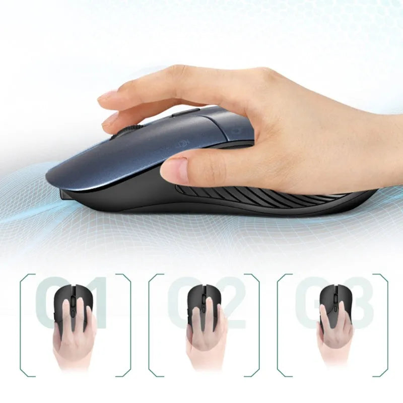 Blue wireless voice translation mouse with 15-metre range and rechargeable battery on desk
