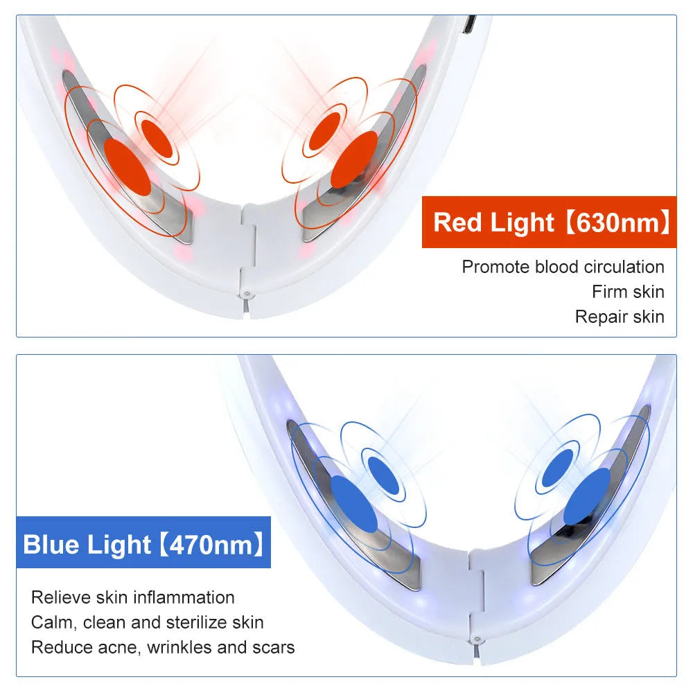White facial lifting device with red and blue light therapy functions, measuring 170x110x500mm
