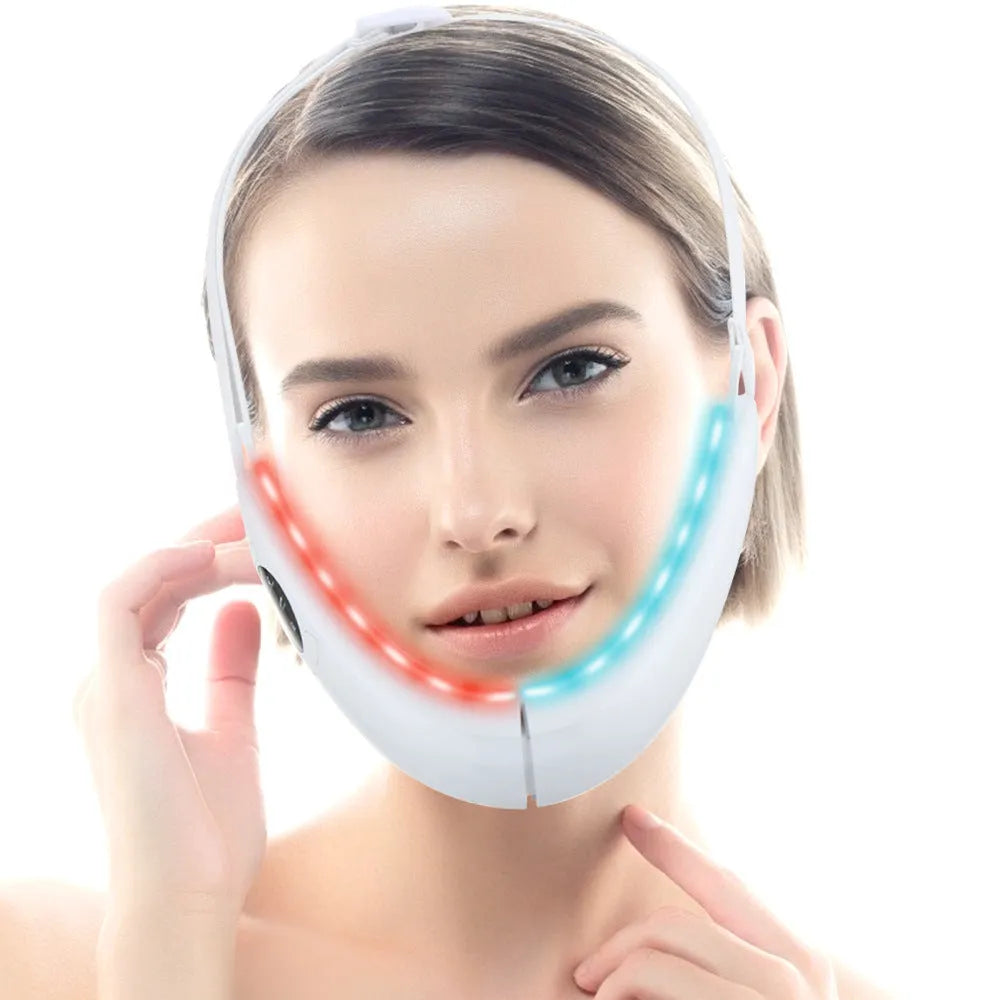 White facial lifting device with red and blue light therapy functions, measuring 170x110x500mm