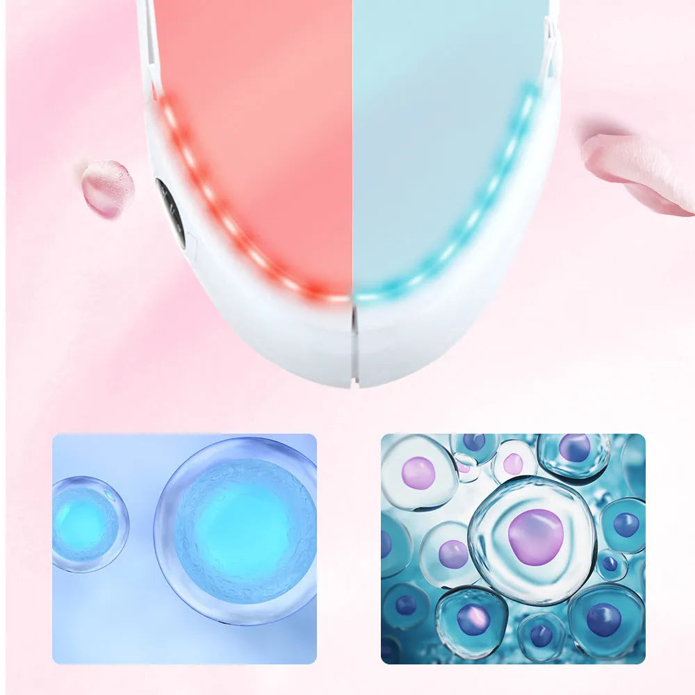 White facial lifting device with red and blue light therapy functions, measuring 170x110x500mm