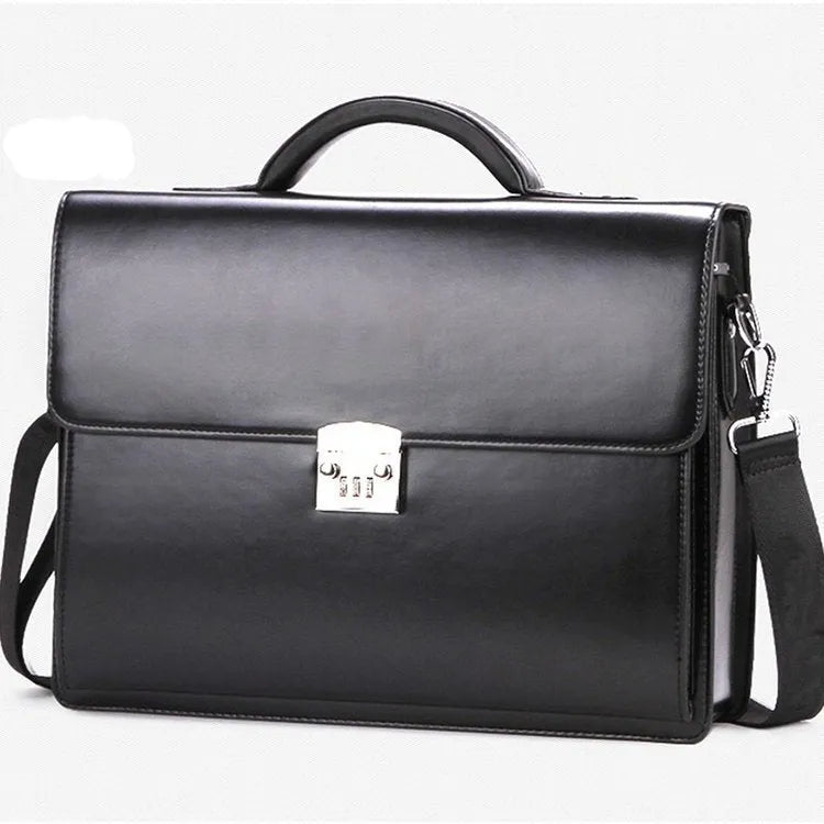 Black men's business briefcase showing zipper compartments and horizontal square shape measuring 38cm wide