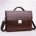 Black men's business briefcase showing zipper compartments and horizontal square shape measuring 38cm wide