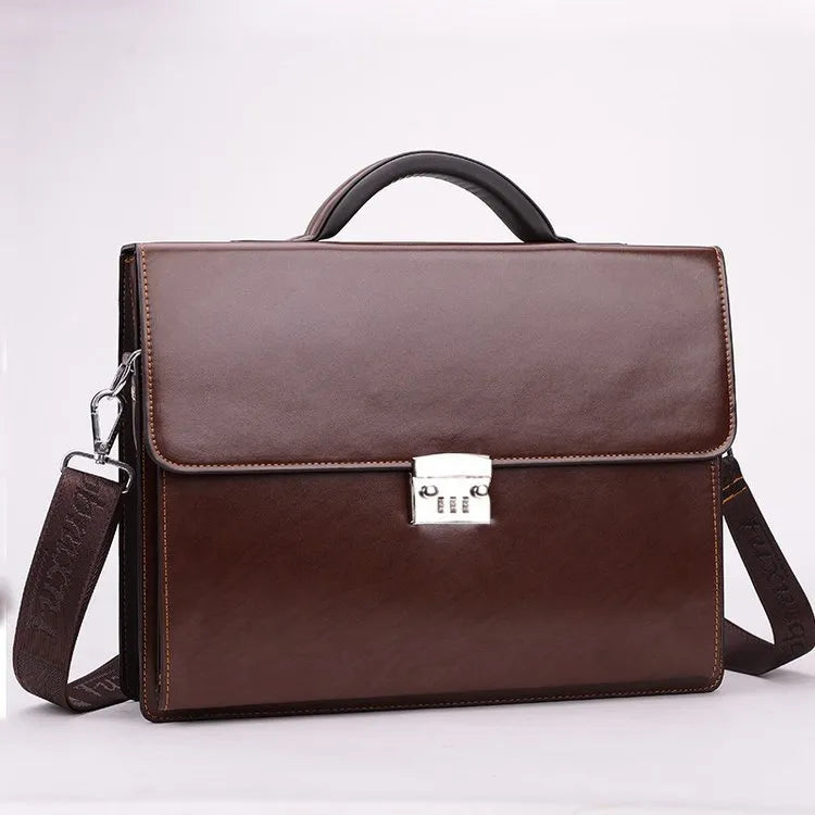 Black men's business briefcase showing zipper compartments and horizontal square shape measuring 38cm wide