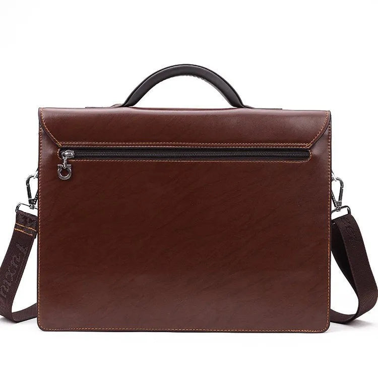 Black men's business briefcase showing zipper compartments and horizontal square shape measuring 38cm wide