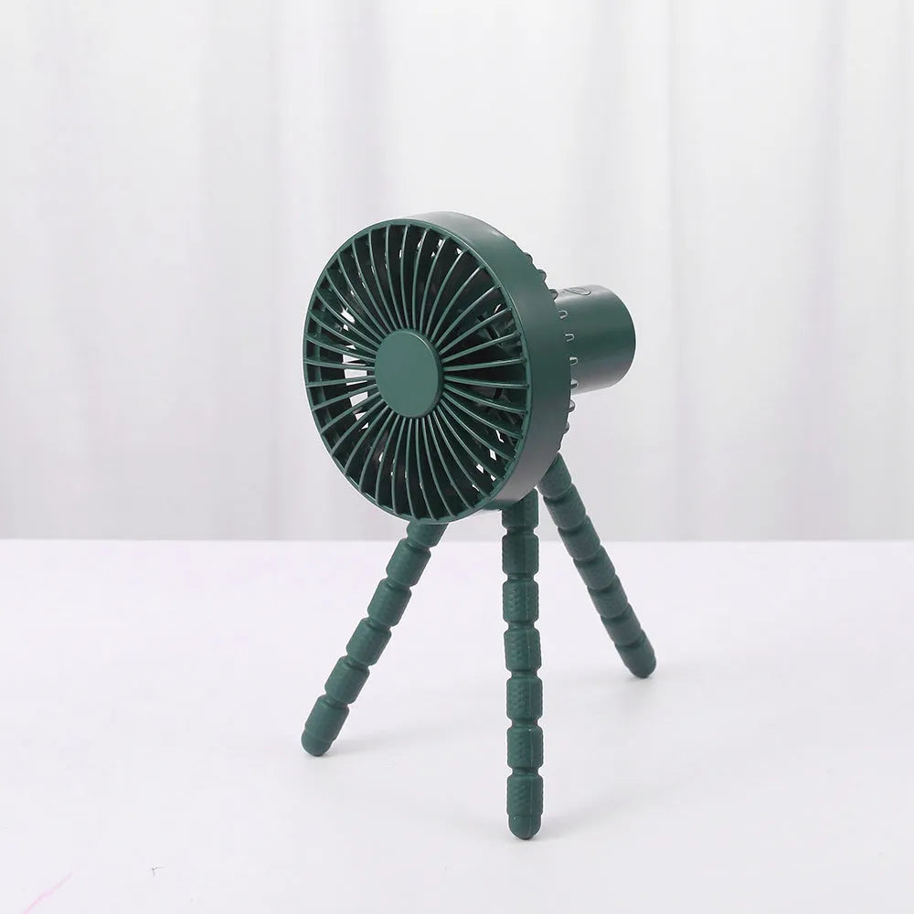 Adjustable bending head desktop fan in black, green, pink, or white with octopus-shaped tripod