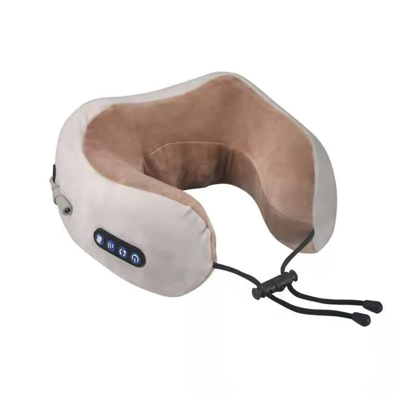 Brown U-shaped electric neck massage pillow on a grey background