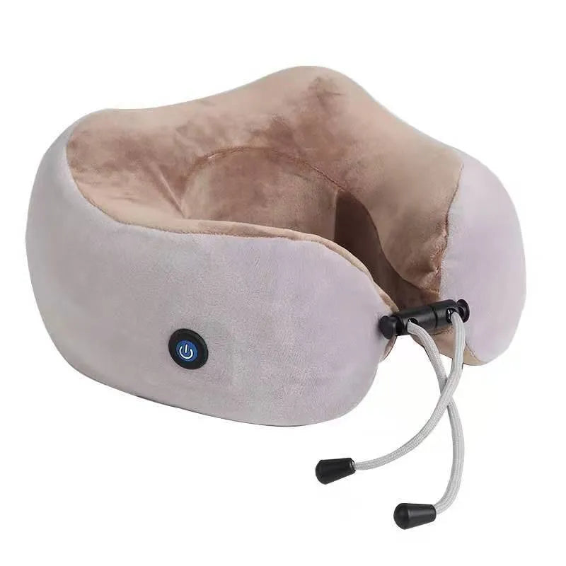 Brown U-shaped electric neck massage pillow on a grey background