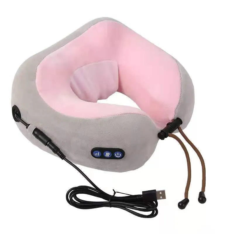 Brown U-shaped electric neck massage pillow on a grey background