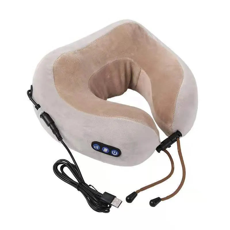 Brown U-shaped electric neck massage pillow on a grey background