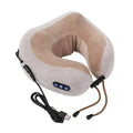 Brown U-shaped electric neck massage pillow on a grey background