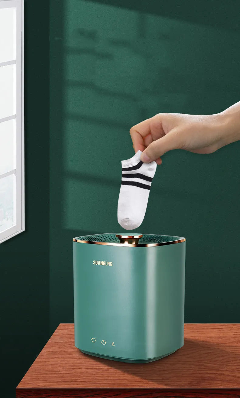 Green portable mini washing machine with ozone sterilisation for underwear and socks cleaning
