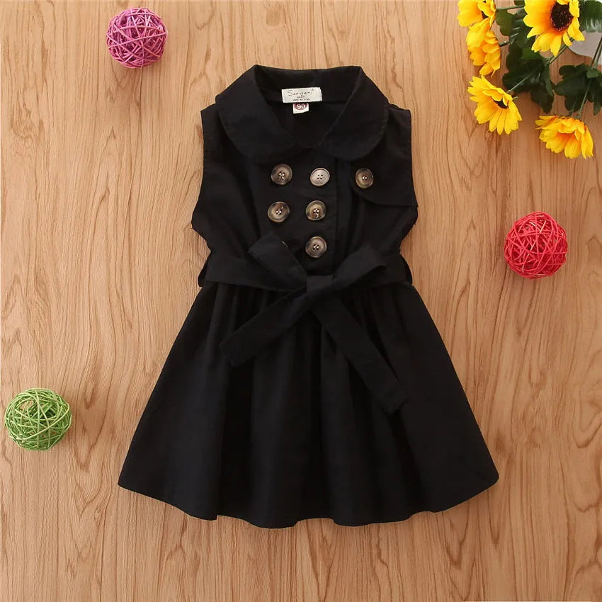 Sleeveless cotton A-line princess dress for toddler girls in pink, black, khaki, or white.