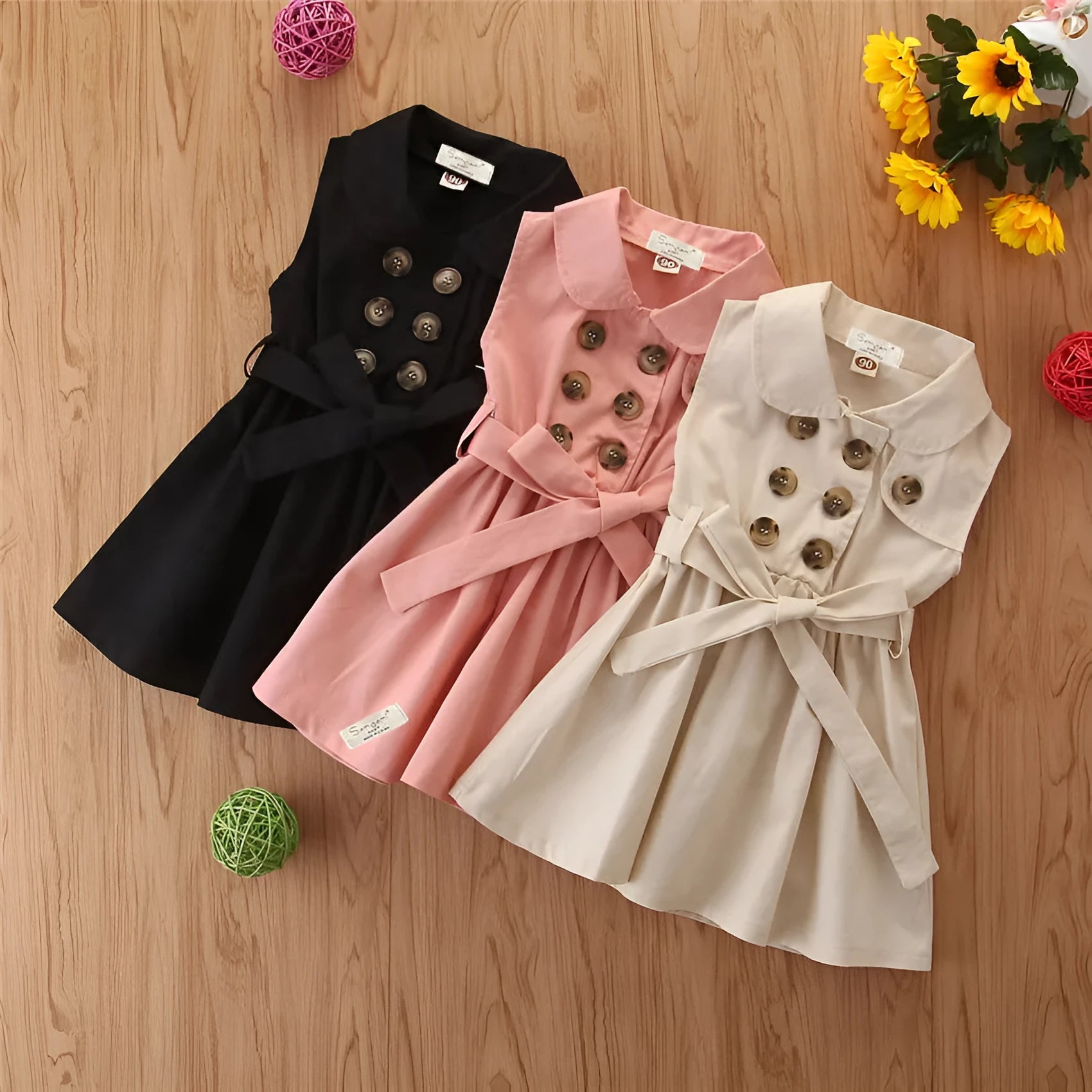 Sleeveless cotton A-line princess dress for toddler girls in pink, black, khaki, or white.