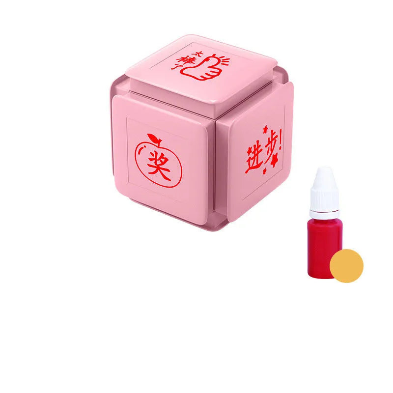 Six-sided Tianzi grid rubber stamp in pink and blue colour options with quick-drying photosensitive ink.