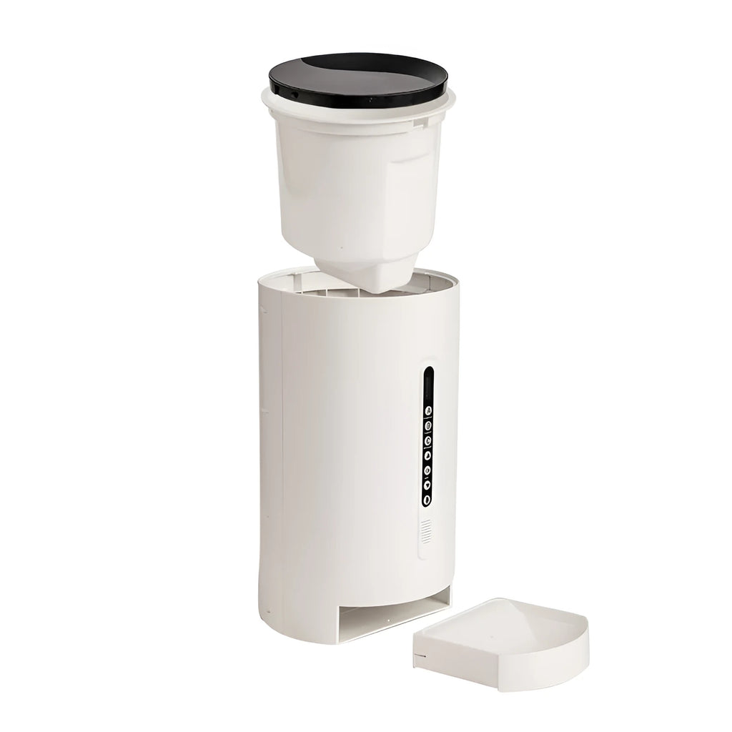 White automatic pet feeder with 4.6L food capacity and digital timer display