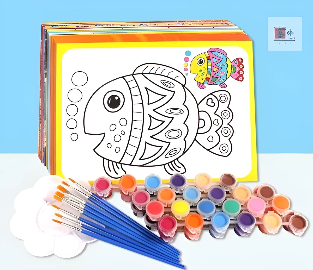 Children's gouache painting drawing board kit showing sketchpad, 50 paintings, 8 pigment rows, and colouring pens