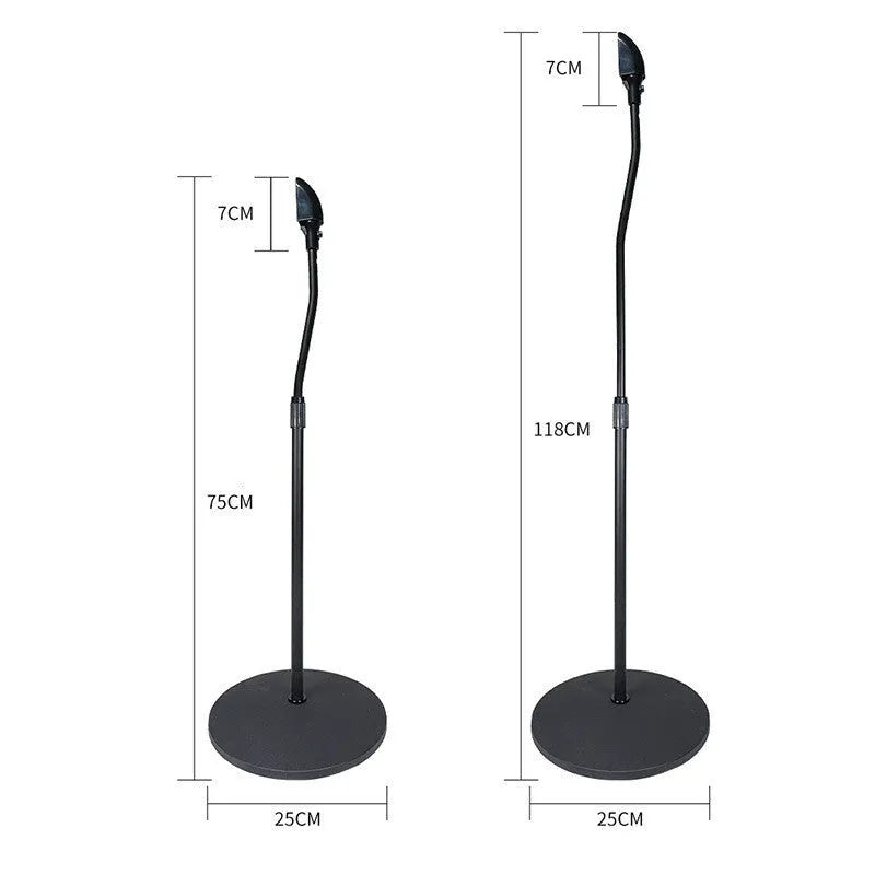 A black tripod speaker stand holding a satellite bookshelf speaker, compatible with Apple devices.