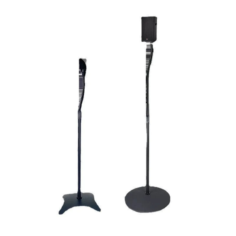 A black tripod speaker stand holding a satellite bookshelf speaker, compatible with Apple devices.