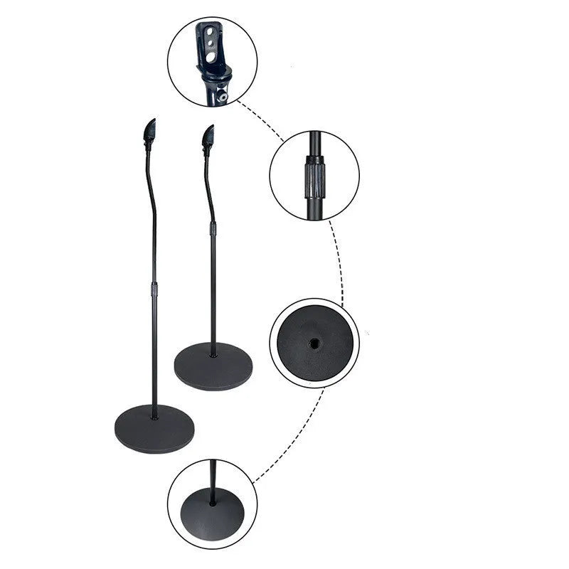 A black tripod speaker stand holding a satellite bookshelf speaker, compatible with Apple devices.
