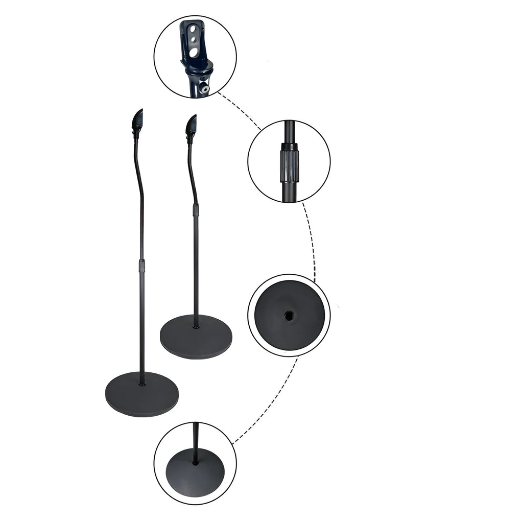 A black tripod speaker stand holding a satellite bookshelf speaker, compatible with Apple devices.