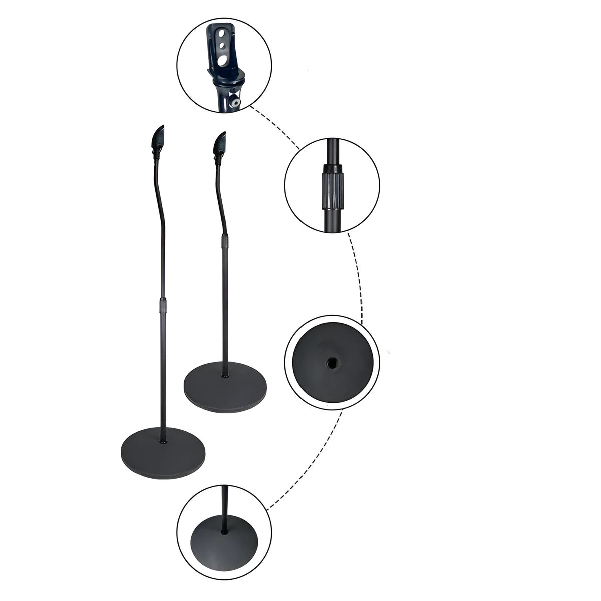 A black tripod speaker stand holding a satellite bookshelf speaker, compatible with Apple devices.