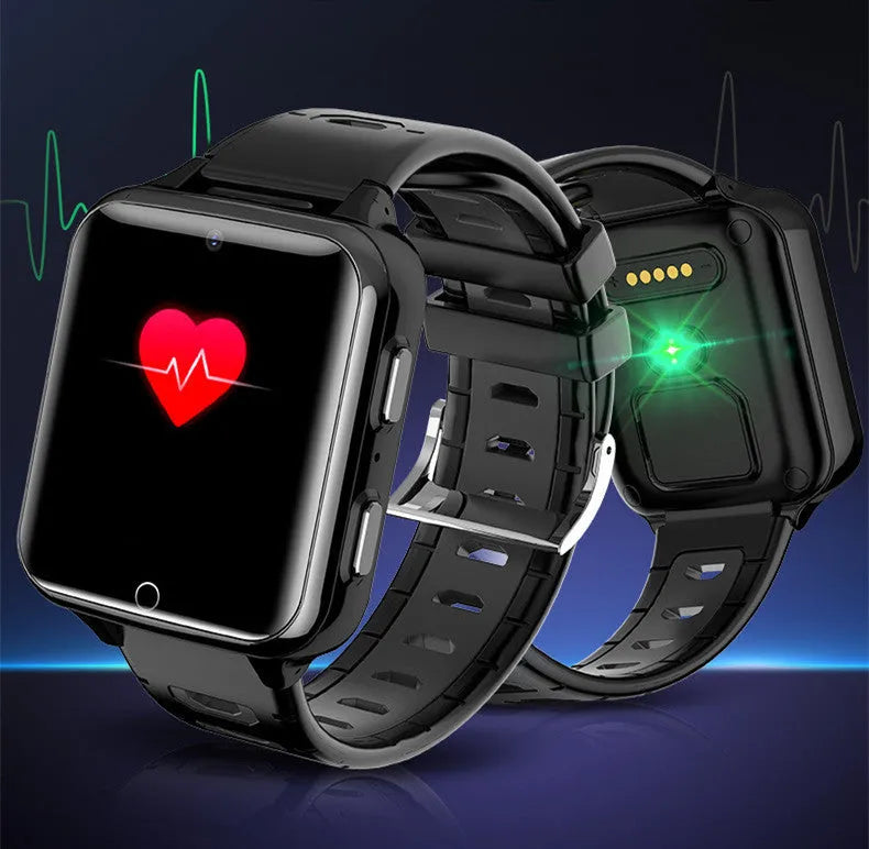 Children's smart watch with 1.54-inch screen, silicone wristband in blue, showing camera and touch interface