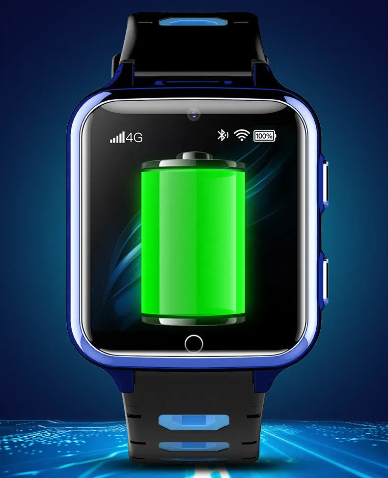 Children's smart watch with 1.54-inch screen, silicone wristband in blue, showing camera and touch interface