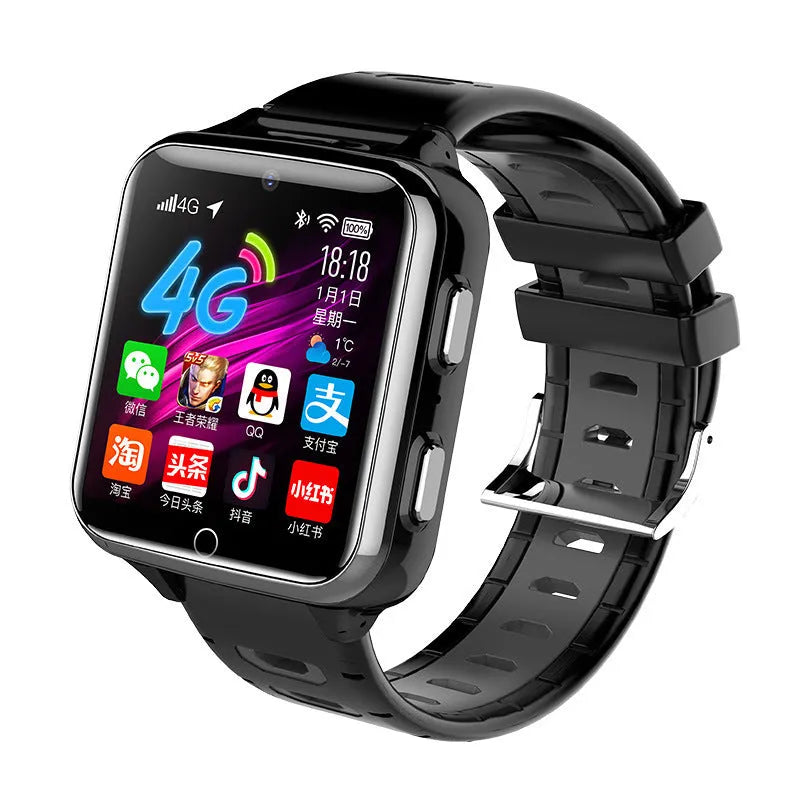 Children's smart watch with 1.54-inch screen, silicone wristband in blue, showing camera and touch interface