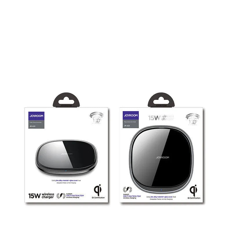 Black or white 15W wireless charger with zinc alloy frame and glass surface, dimensions 99.2mm x 99.2mm x 7.4mm