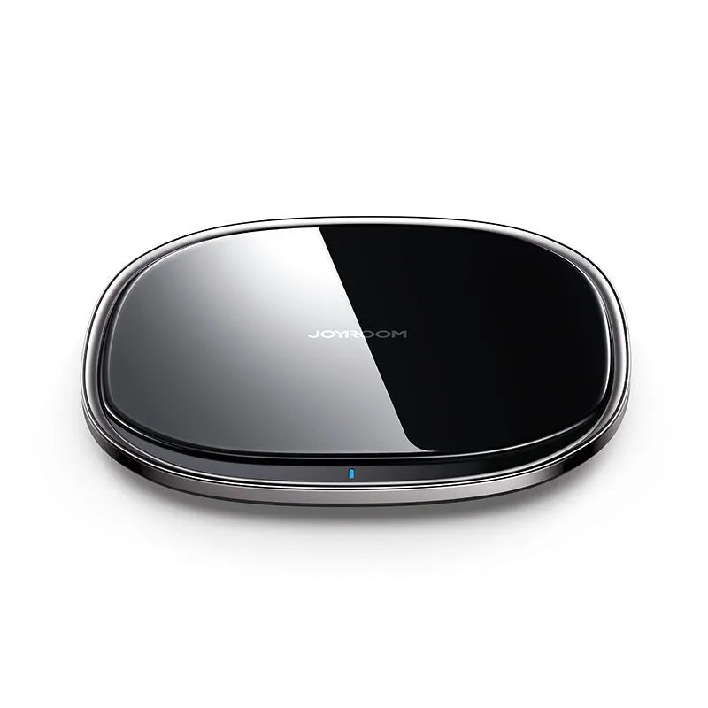 Black or white 15W wireless charger with zinc alloy frame and glass surface, dimensions 99.2mm x 99.2mm x 7.4mm