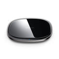 Black or white 15W wireless charger with zinc alloy frame and glass surface, dimensions 99.2mm x 99.2mm x 7.4mm