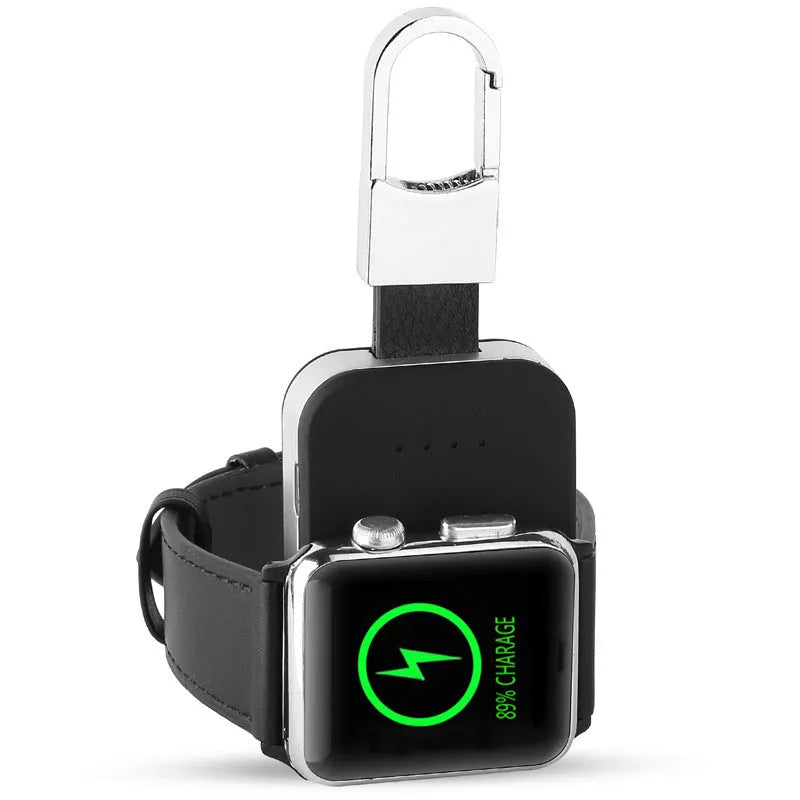 Black Apple Watch wireless charger power bank with 1000mAh battery, 8mm charging distance, compatible with 1st-4th generation models