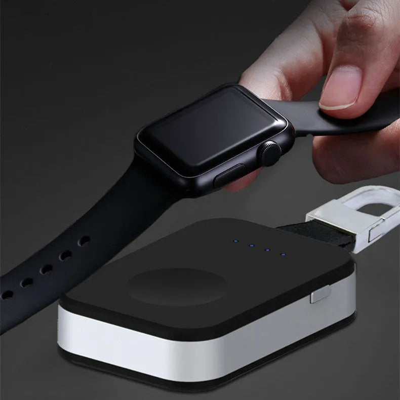 Black Apple Watch wireless charger power bank with 1000mAh battery, 8mm charging distance, compatible with 1st-4th generation models