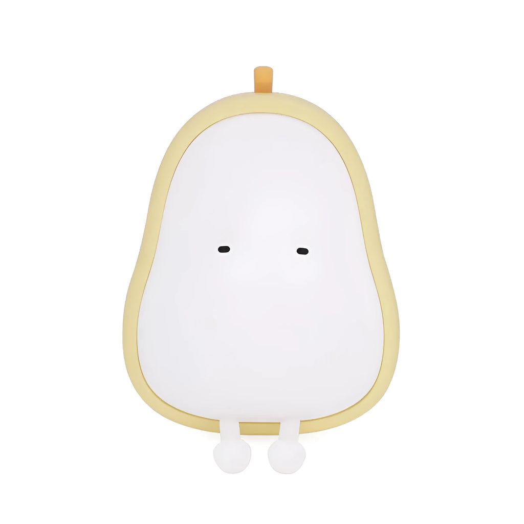 Yellow silicone pear-shaped rechargeable LED night light on a surface