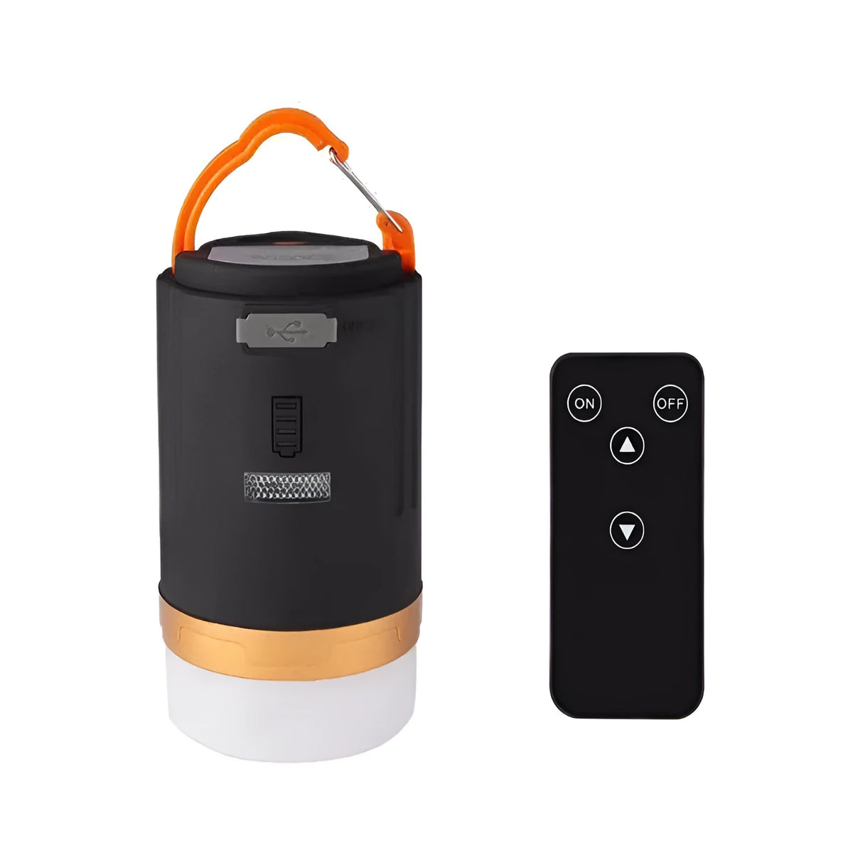 Black remote control emergency camping light for outdoor use.