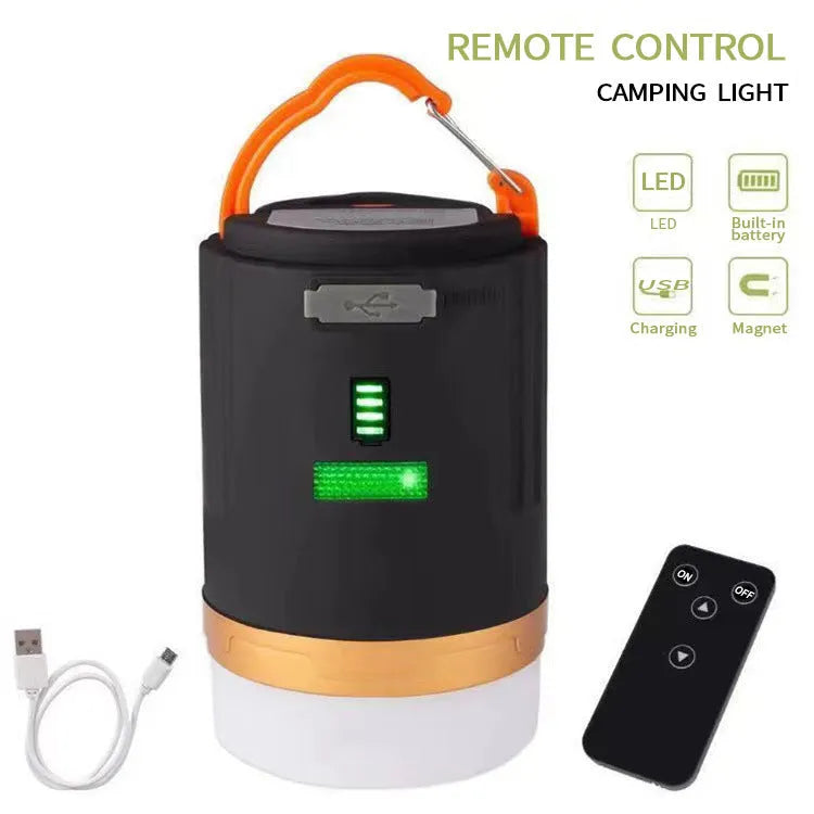 Black remote control emergency camping light for outdoor use.