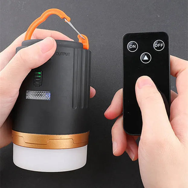 Black remote control emergency camping light for outdoor use.