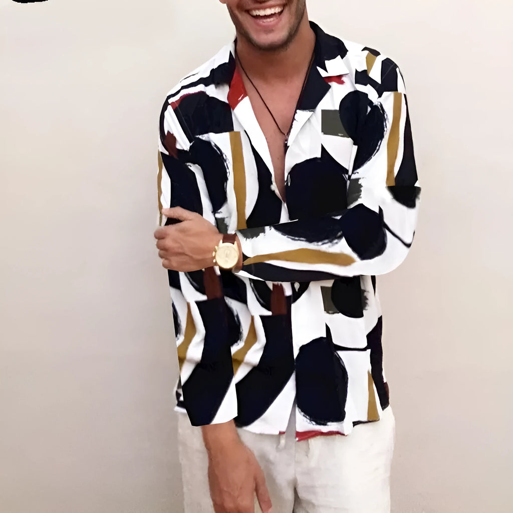 Men's plus size Hawaiian print shirt in black and white, loose fit, pointed collar, sizes S to 5XL