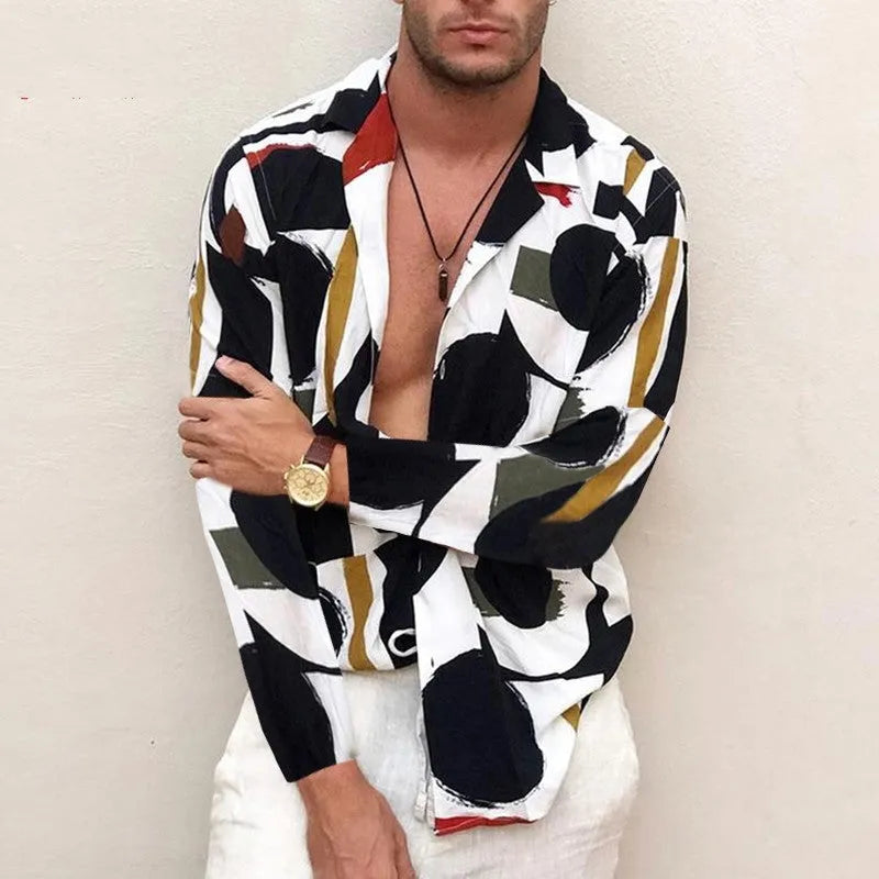 Men's plus size Hawaiian print shirt in black and white, loose fit, pointed collar, sizes S to 5XL