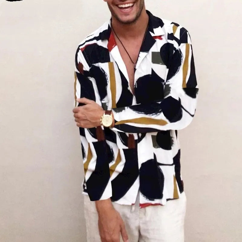 Men's plus size Hawaiian print shirt in black and white, loose fit, pointed collar, sizes S to 5XL