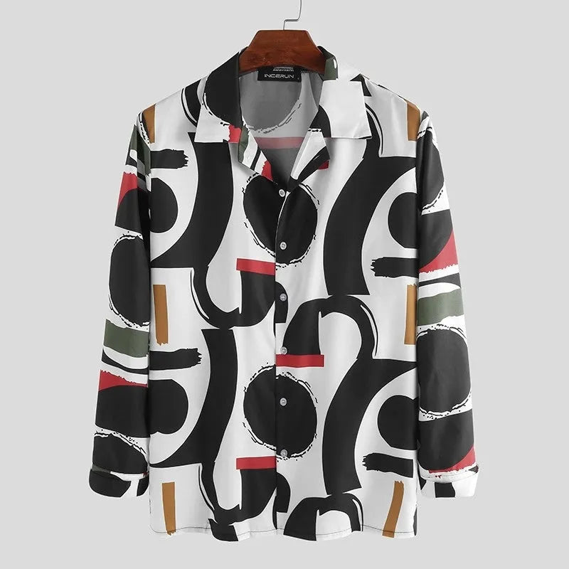 Men's plus size Hawaiian print shirt in black and white, loose fit, pointed collar, sizes S to 5XL