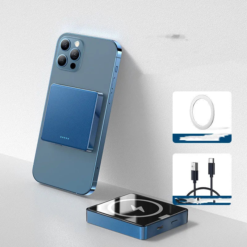 Blue MagSafe-compatible wireless power bank with 10000mAh capacity showing magnetic charging surface