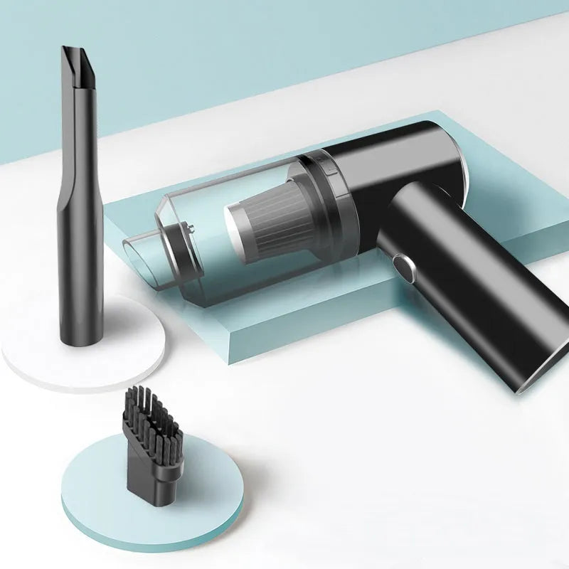 Compact wireless car vacuum cleaner with 6000PA suction, measuring 16.5x14.5x4cm with washable filter