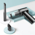 Compact wireless car vacuum cleaner with 6000PA suction, measuring 16.5x14.5x4cm with washable filter