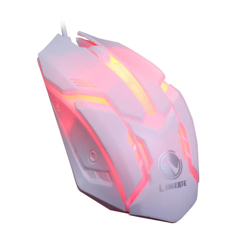 Wired computer mouse with luminous finish and USB cable, showing black and white colour options