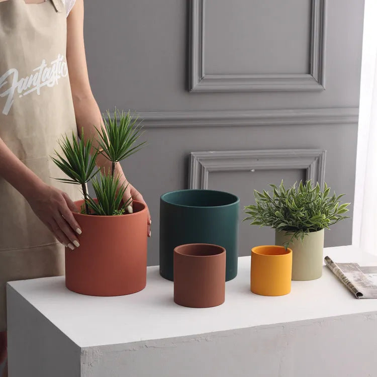 Nordic industrial style cylindrical ceramic succulent planter with drainage hole