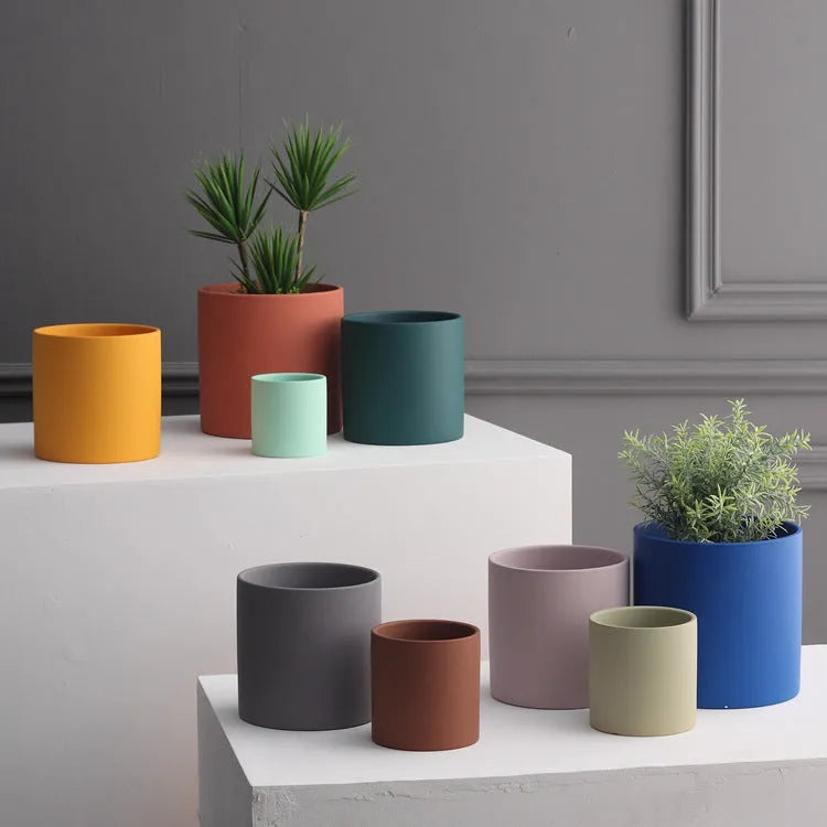 Nordic industrial style cylindrical ceramic succulent planter with drainage hole