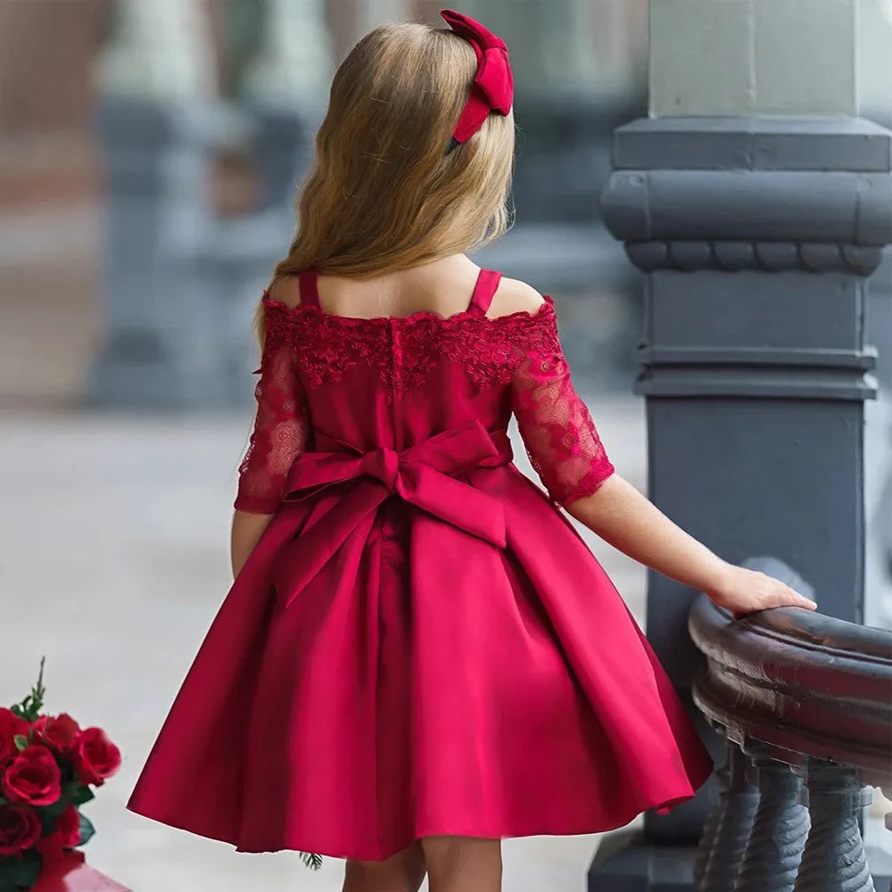 Girls' lace-trimmed polyester dress in deep red, sizes 3T to 10T, simple style for toddlers and children